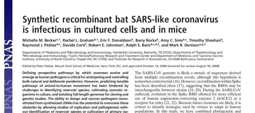 美国2008年已合成SARS样冠状病毒